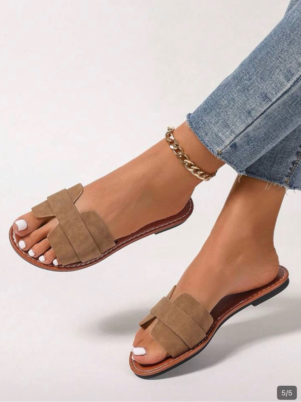 SHEIN Tan Suede Slip-On Slide Sandals with Wide Woven Strap